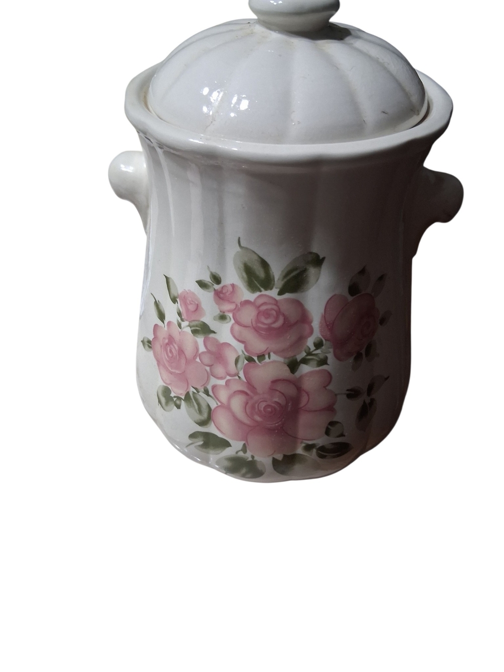 White Ceramic Floral Canister with Pink Rose Motif - Picture 2 of 6